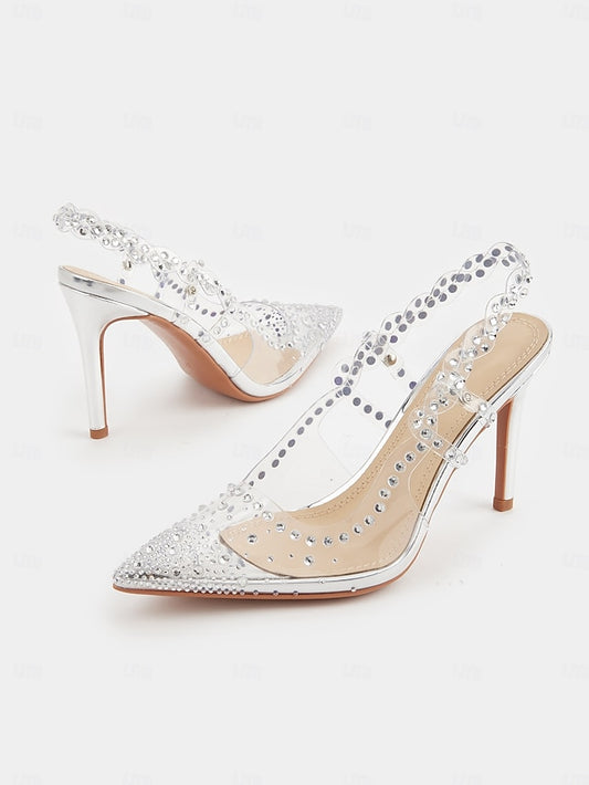 Heels Rhinestone Women's Pointed Toe Clear Slingback with