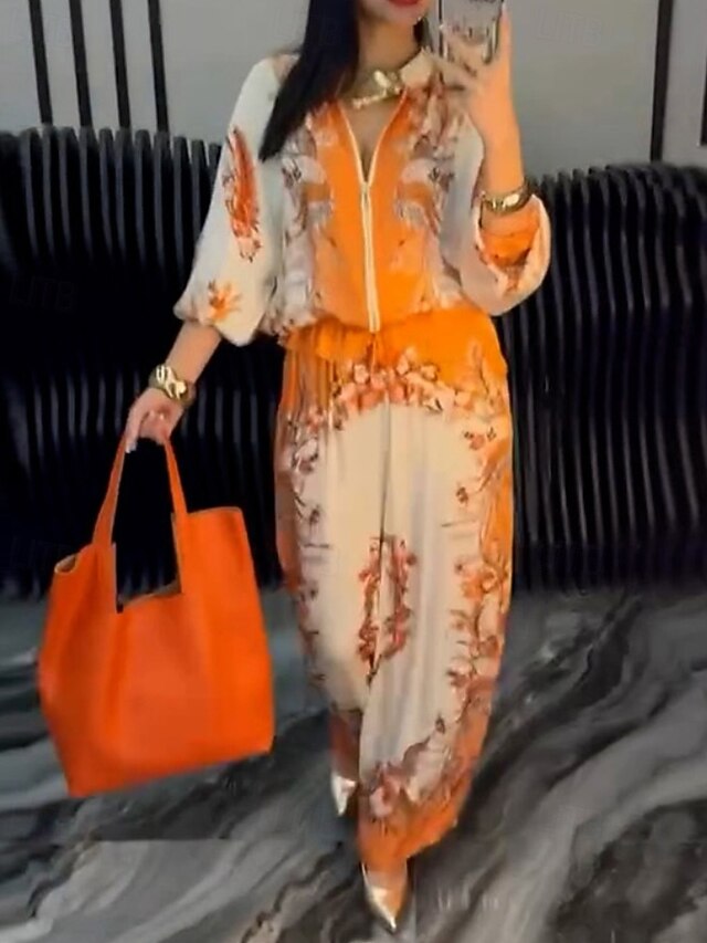 Women's Blouse Pants Sets Long Sleeve Stand Collar Floral
