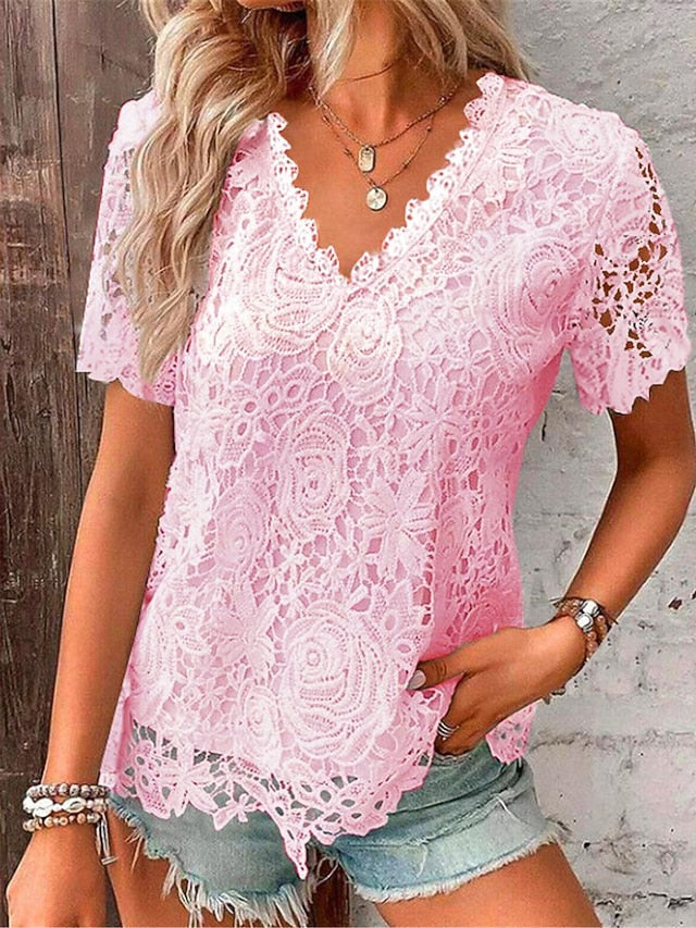 Women's Lace Blouse V-Neck Floral Short Sleeve White
