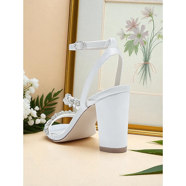 Rhinestone Women's Straps Block Heel - White Sandals with