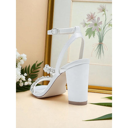 Rhinestone Women's Straps Block Heel - White Sandals with