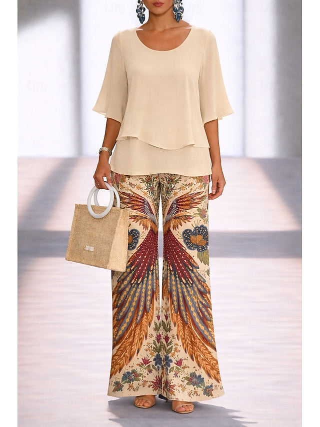 Women's Pants Sets Half Sleeve Butterfly Sleeve Round Neck