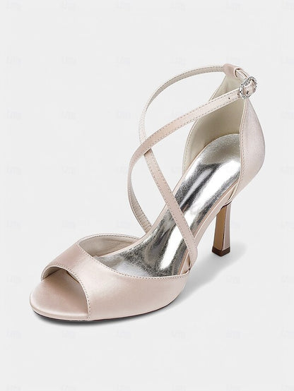 Satin – White Women's Cross-Strap Peep-Toe Heels Elegant