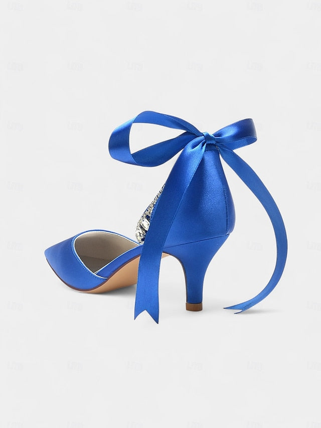 Ankle Rhinestone Blue Heels with Pointed-Kitten and Strap Satin