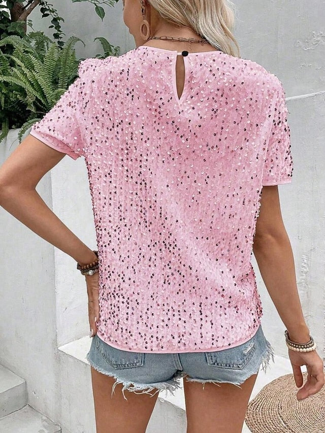 Women's Blouse Sequins Solid Color Stylish Casual Short