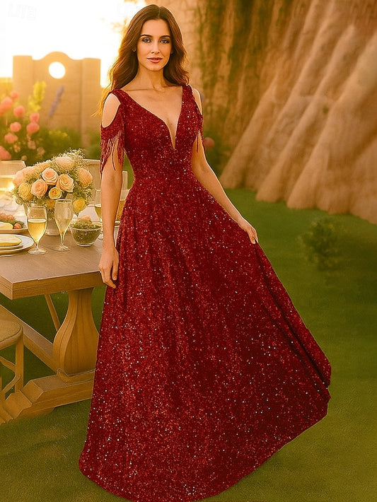 A-Line Floor Length Sequin Dress Prom Dress Party Dress Mother