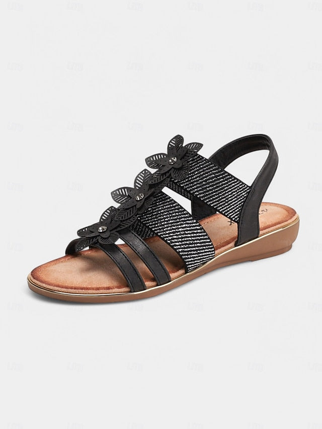 Floral Rhinestone Sandals Flat Women's Beige – Elegant