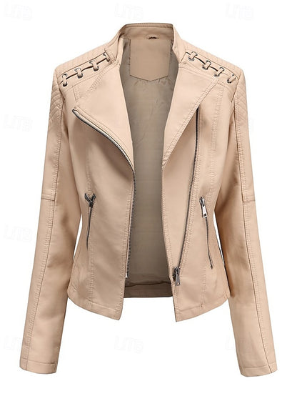 Pocket Leather Jacket Comfortable Faux Zipper Women's