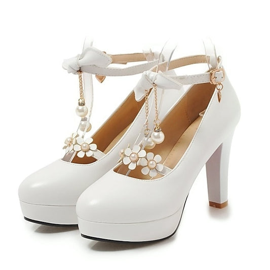 Elegant Mary Jane White Wedding Platform Heels Girls'