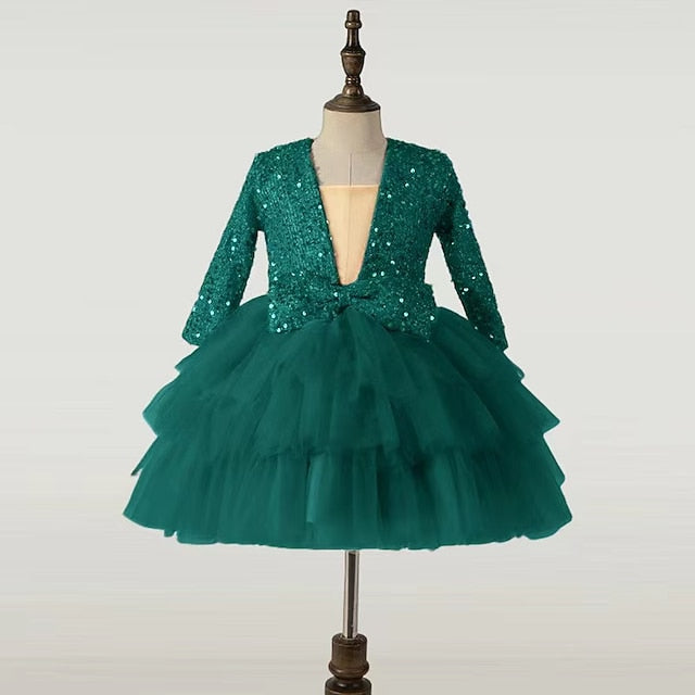 Performance Dress Girls' Party Kids Long Sequin Sleeve