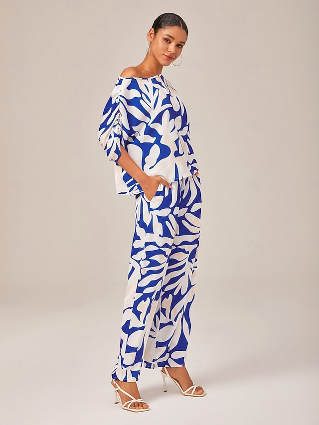 Satin Mismatched Floral Slash Neck T-shirt Sleeve Two Piece Set