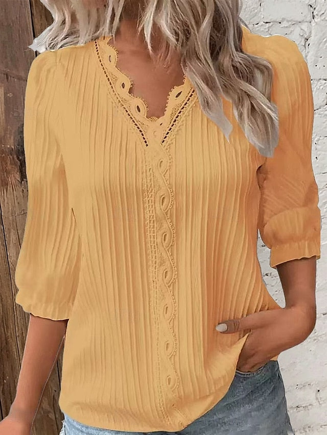 Women's Shirt Blouse Lace Tops Eyelet Plain Stylish Classic