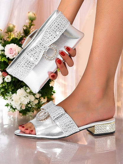 Rhinestone with Flat Gold Bow – Sandals Matching Clutch