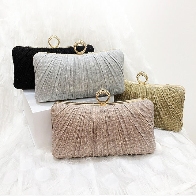 Bag Ring Glitter with Elegant Rhinestone Gold Clutch Evening