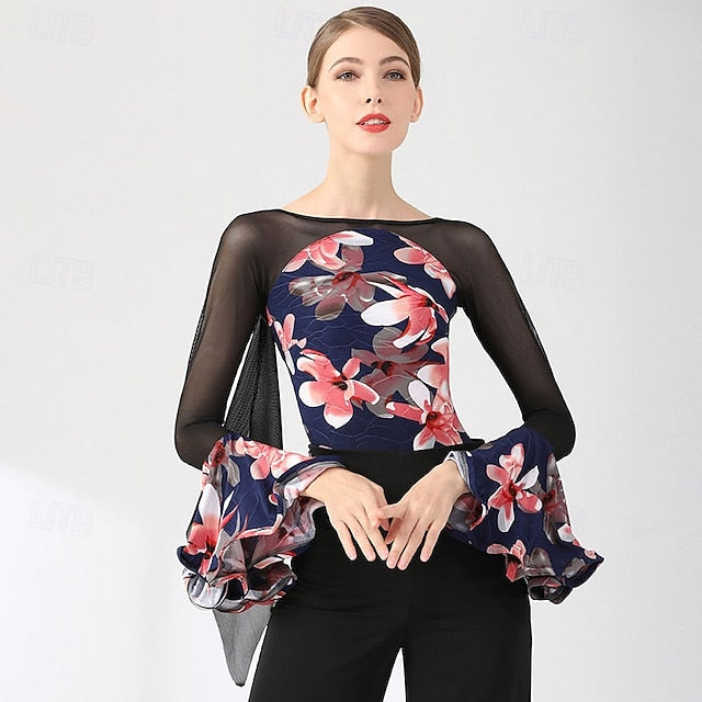 Floral Bell Dance Mesh Women's Ballroom Splice Sheer Top