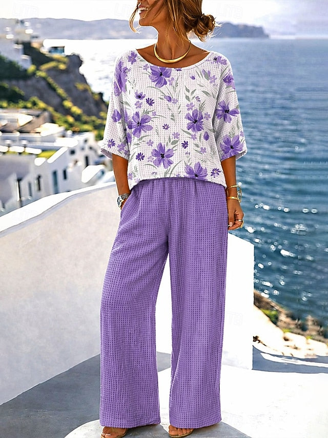 Women's Pants Sets Half Sleeve Round Neck Floral Graphic