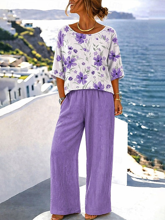 Women's Pants Sets Half Sleeve Round Neck Floral Graphic