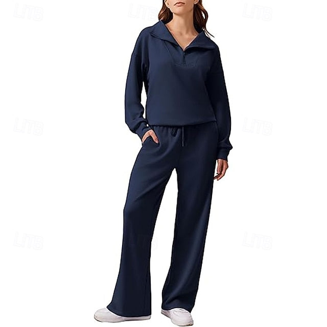 Women's Pants Sets Long Sleeve V Neck Solid Color