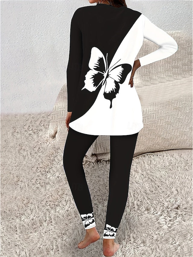 Women's T Shirt Pants Sets Long Sleeve Crew Neck Round Neck
