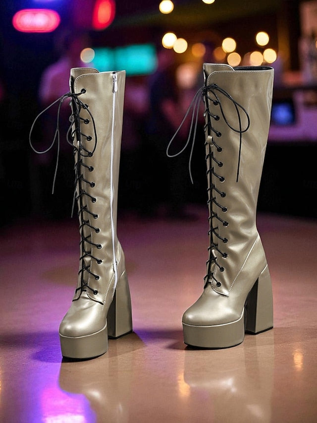 Platform Metallic High Knee Women's Silver Lace-Up - Boots
