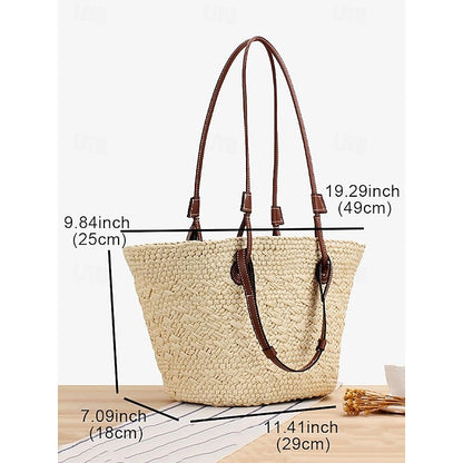 Tote Boho Leather Straps Women's Large Bag Chic Straw with