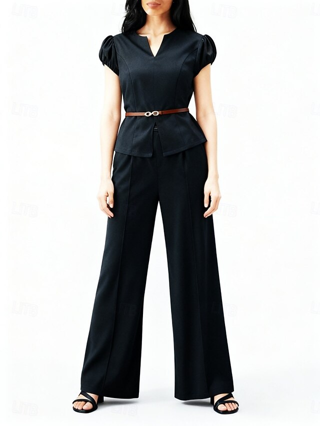 Women's Pants Sets Short Sleeve V Neck Solid Color Elegant