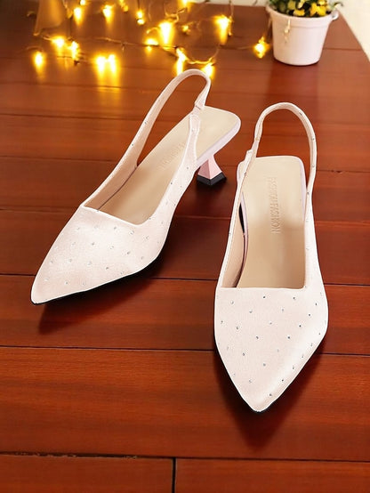 Heels Studs with Kitten Rhinestone Slingback Satin Women's
