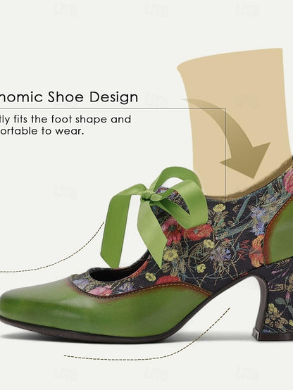 Jane Leather Women's with Floral Green Mary Heels Print