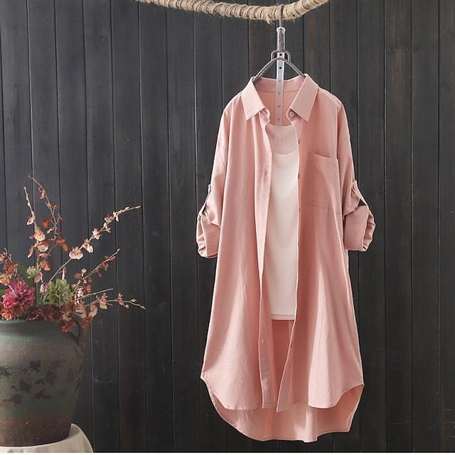 Women's Shirts Faux Cotton Linen Button Up Long Cotton Top