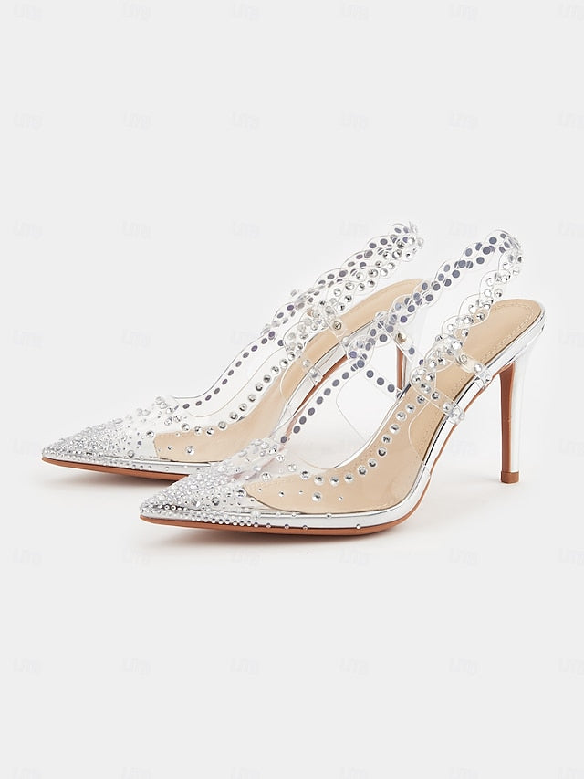 Heels Rhinestone Women's Pointed Toe Clear Slingback with