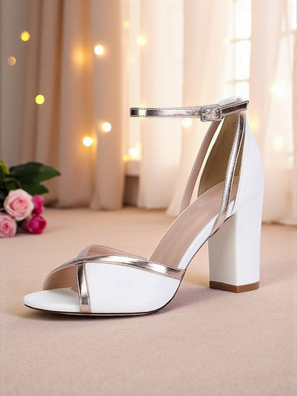 Women's Strap with White Ankle Block Metallic Sandals Heel