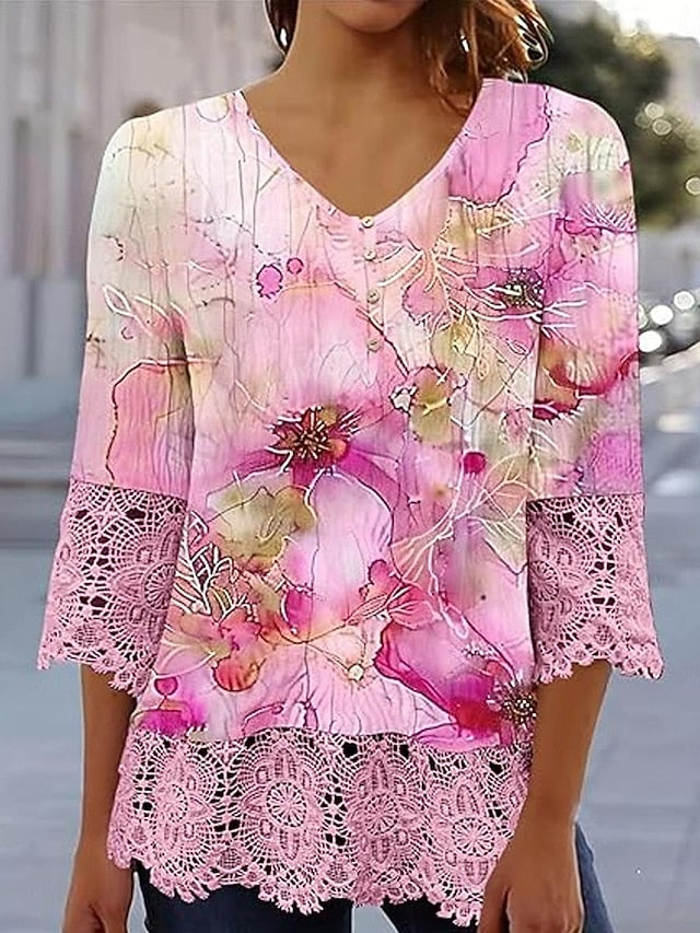 Women's Elegant Lace Tops Eyelet Blouse Casual Ombre Floral