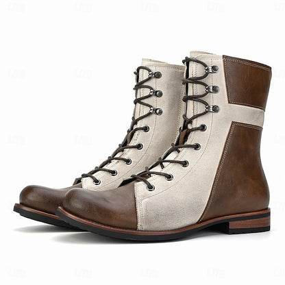 Two-Tone Mid-Calf Men's Faux Boots Vintage Leather Lace-Up