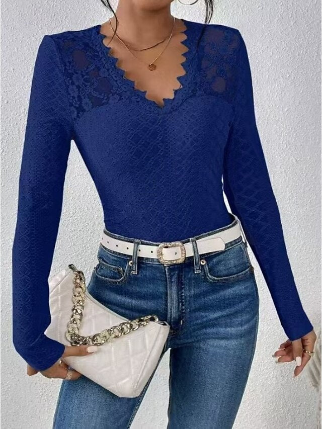 Splicing Solid Women's Color Top Eyelet Elegant Lace