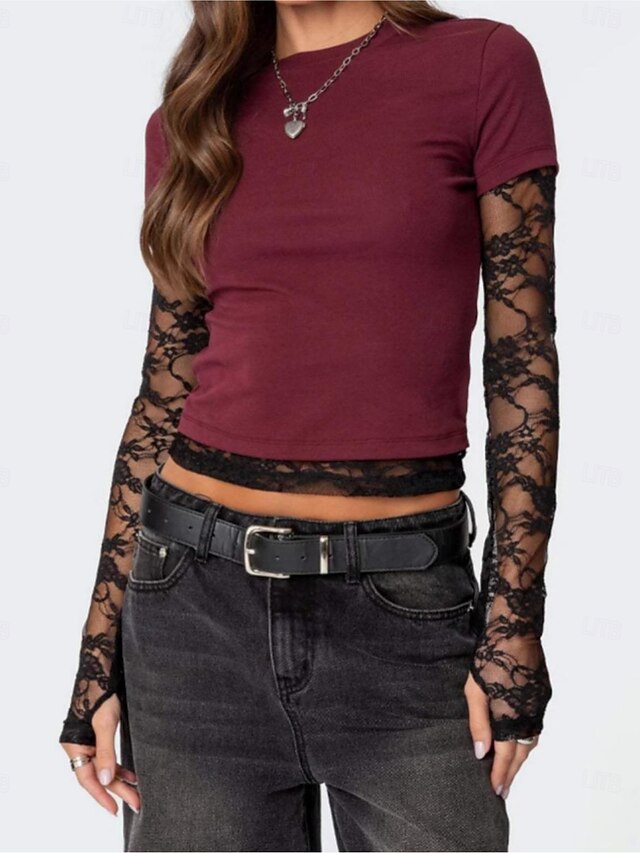 Women's T Shirt Lace Splicing Top Y2K Tunic Mesh Fake two