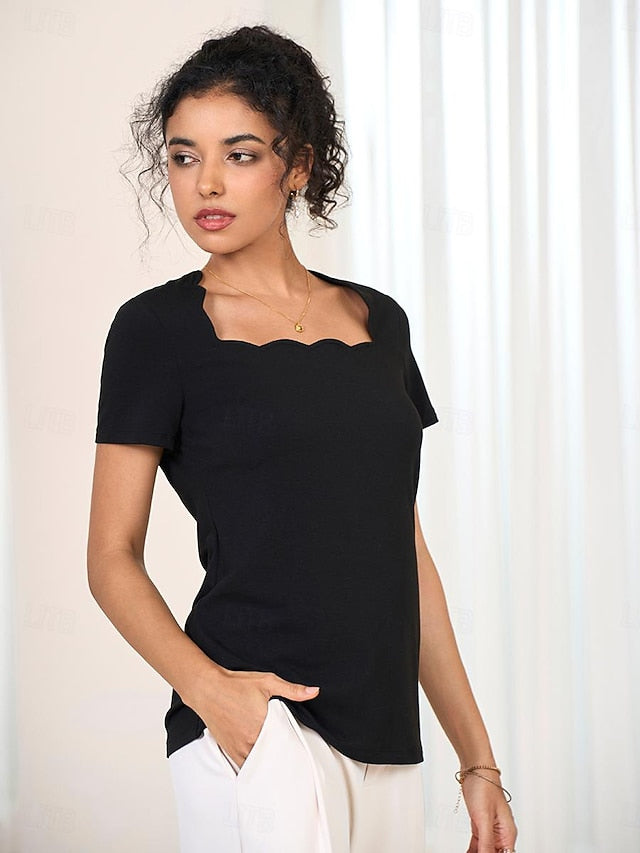 Women's Scalloped Neckline T-shirt Short Sleeve Solid Color