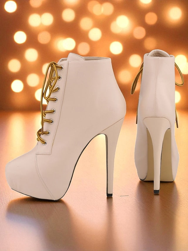 Boots Beige Platform Women's - Lace-Up Ankle Leather Faux