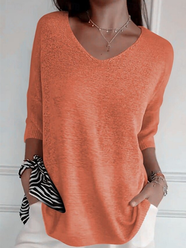 Women's Blouse Solid Color Basic Casual 3/4 Length Sleeve V