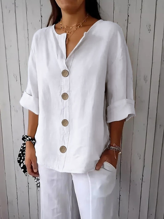 Women's Shirt Cotton Linen Shirts Button Up Blouse Solid