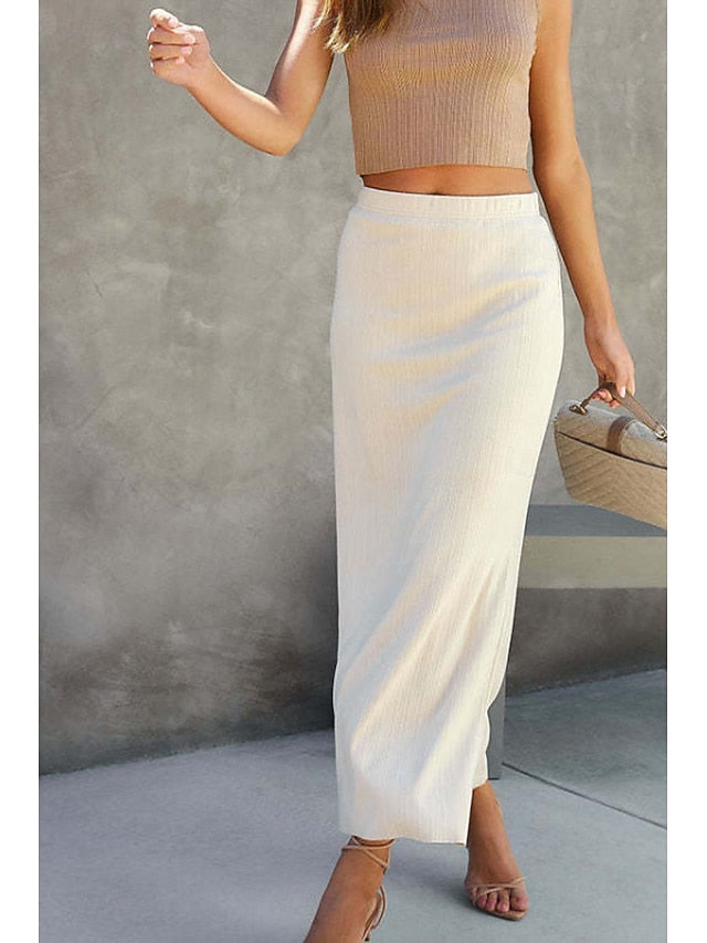Women's Casual Midi Mid Rise Skirts Plain Split Ends