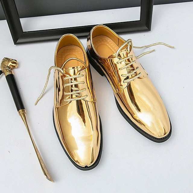 Gold – for Lace-Up Sleek Shoes Leather Men Patent Shiny