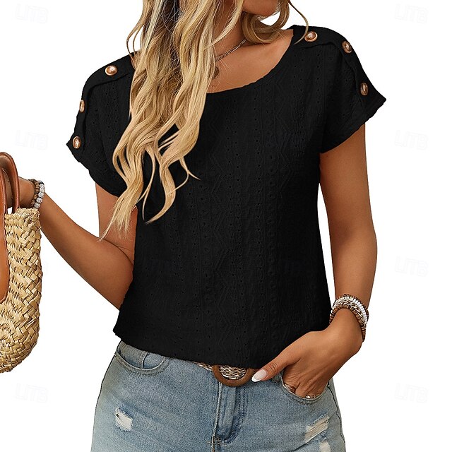 Women's T Shirt Eyelet Embroidery T Shirts Patchwork Eyelet