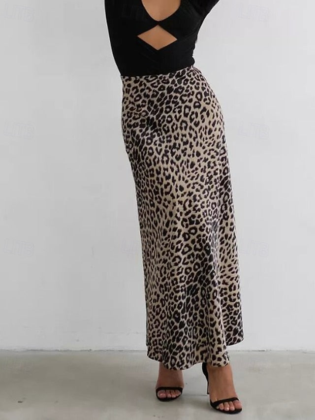 Women's Fashion Sexy Maxi High Waist Skirts Leopard Ruched