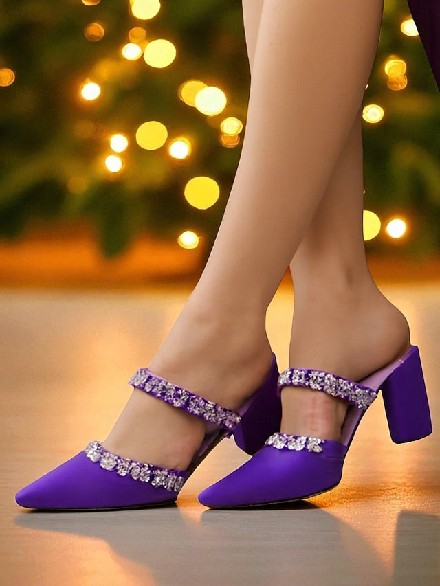 Black Satin Women's Rhinestone Mules Floral with Block Heel