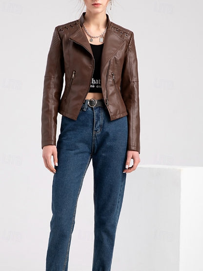 Pocket Leather Jacket Comfortable Faux Zipper Women's