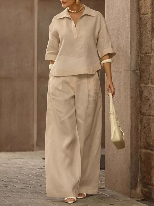Women's Cotton Linen Sets Pants Sets 3/4 Length Sleeve V