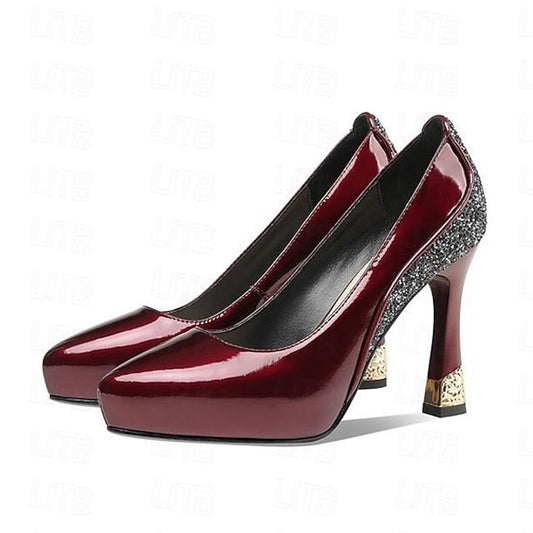 Leather Women's with Glitter Patent Heels Burgundy Platform