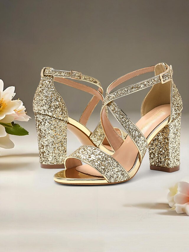 Gold Glitter Women's Heel Sandals Block