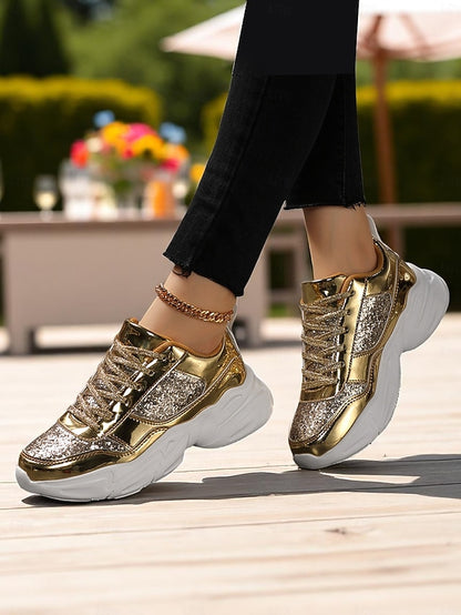with Platform Sneakers Metallic Women's Glitter Chunky