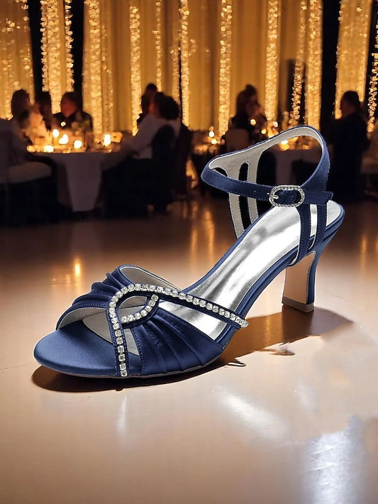 Rhinestone – Blue Women's Heeled Sandals Satin Navy